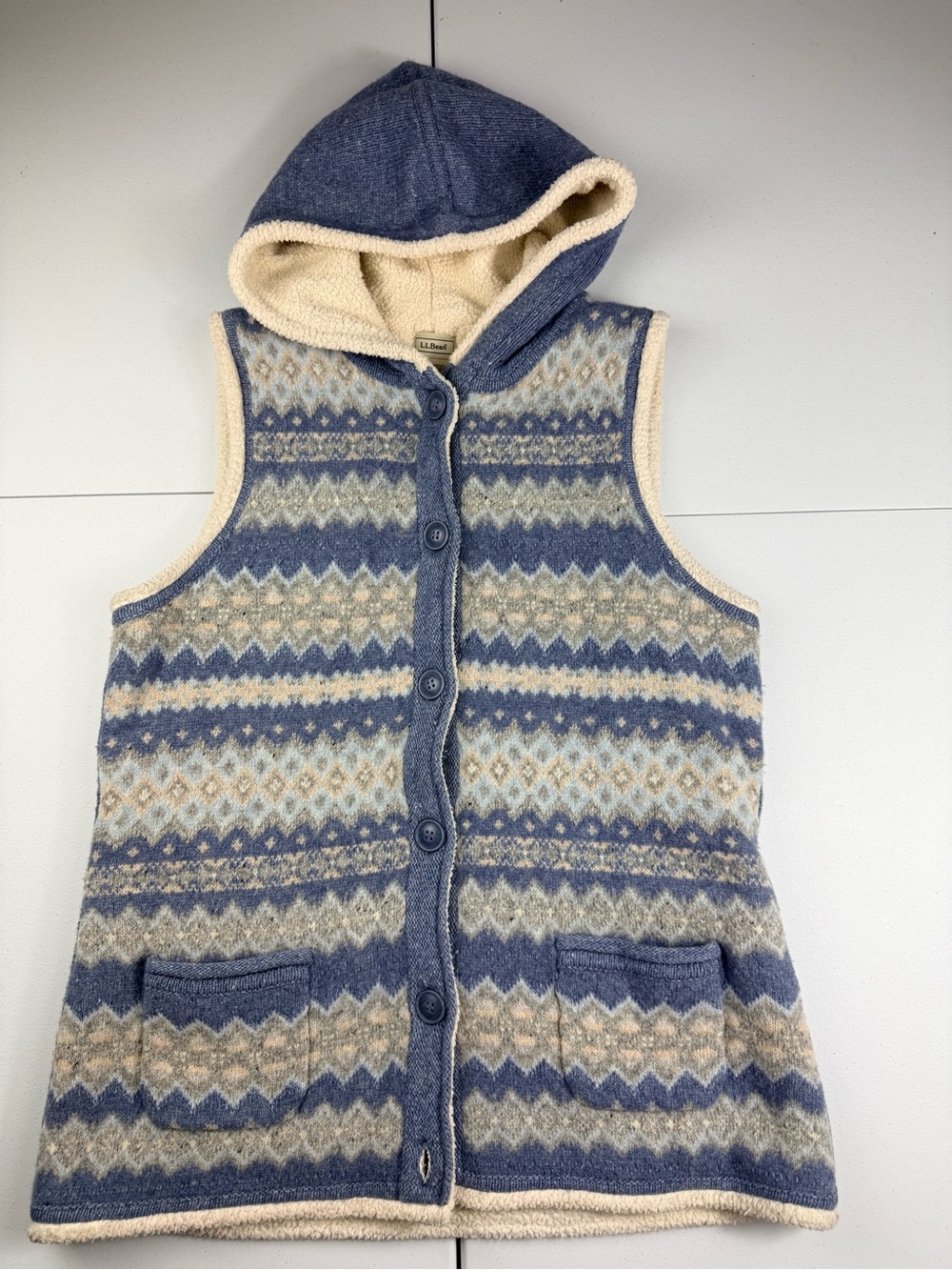L.L. Bean Hooded Fair Isle Vest in Blue & Cream
